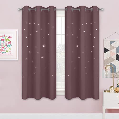Image of NICETOWN Dreamer Star Laser Cut Room Darkening Grommet Window Curtains for Bedroom, Thermal Insulated Grommet Kids Curtains for Nursery, 2 Panels, 42 in x 63 in, Dry Rose