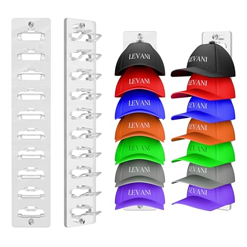 LEVANI Hat Rack for Baseball Caps – (2) Clear Acrylic Hat Organizers w/Stainless Steel Standoffs – Wall Mounted Cap Storage, Fits 20 Hats – Stackable Racks, Vertical Display Organizer, Secure Holder