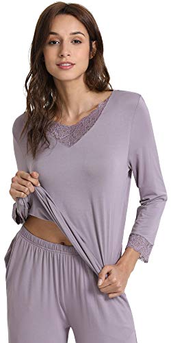 Gys Bamboo Pajamas For Women Soft Long Sleeve Sleepwear V Neck Pjs Set Sleep Lounge Set With Lace S-4Xl, Violet, X-Large #TOP1