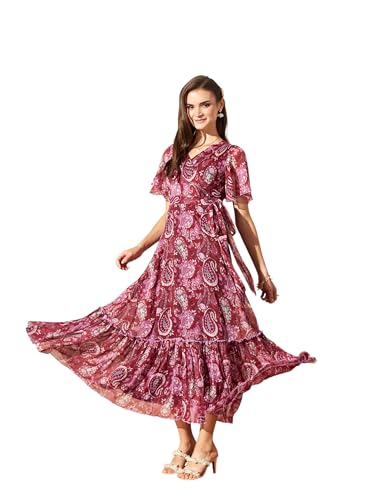 Image of Miss Chase Women's Floral V-Neck Flutter Sleeve Wrap Chiffon Maxi Dress