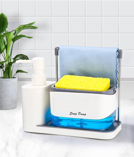 Dispenser Sapone 2 In 1 Con Portaspugna Bianco – 500 Ml, Base Trasparente, Antiscivolo Per Cucina E Bagno