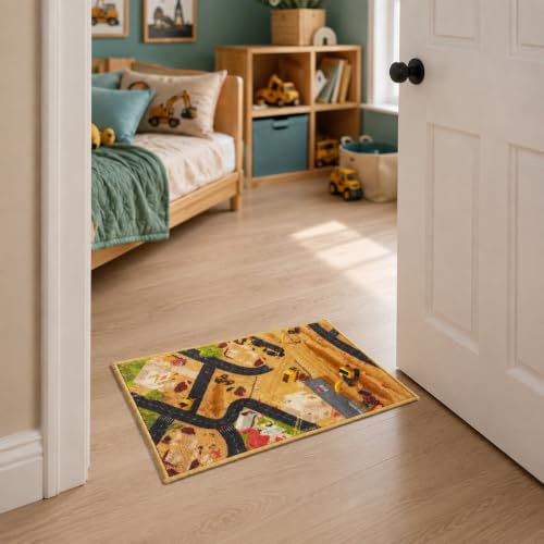 Image of Matz&More City Road Construction Site Kids Floor Mat | 40x60 CM | Brown | Nylon Tufted Gel Baking Anti-Slip | Home School Doormat | Children Play Room Entrance & Child Bedroom