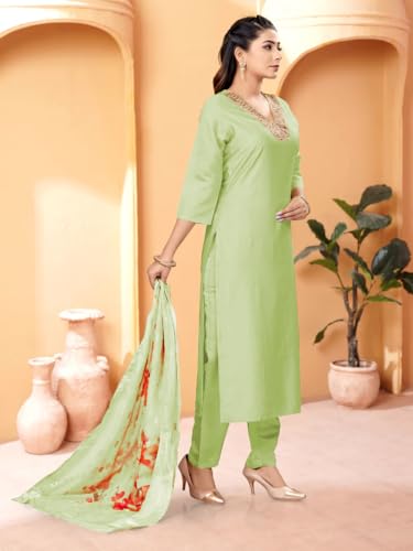 Image of SHIENZY Cotton Blend Embroidered V Neck Kurta Set for Women | Straight Fit Kurta with Pants & Dupatta | Casual Office Wear Ethnic Kurti for Women