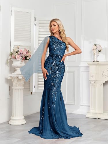 Image of One Shoulder Glitter Mermaid Dress for Mother of The Bride Women's Sexy Sequin Formal Gown