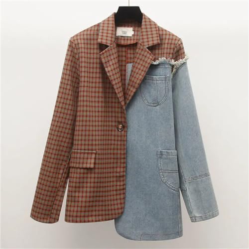 Women's Autumn Denim Patchwork Single Button Black Casual Loose Blazer2