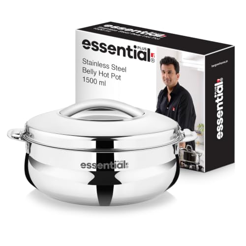 Image of BERGNER Essential Plus Stainless Steel Belly Shape Hot Pot 1500ml, Double Wall Roti Casserole, Food Grade, Hot and Cold Storage, for Rotis /Parathas /Pulao /Biryani, Hot for Hours, Easy to Clean