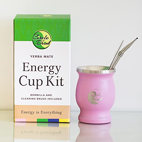 Circle of Drink - Energy Cup Yerba Mate Kit - Double Wall - Includes Stainless Steel Bombilla and Cleaning Brush - 8oz, 50g Capacity (PINK)