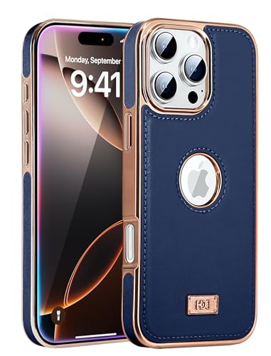 Image of BOUNCEBACK Faux Leather Electroplated Logo Cut Back Case /Cover for iPhone 16 Pro - Midnight Blue