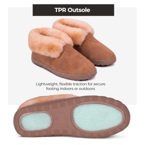 Image of Rj's Fuzzies Men's Sheepskin Booties with Sheepskin Lining | 100% sheepskin lining, suede leather, roll-up cuff, flexible sole, breathable warmth, lightweight indoor comfort