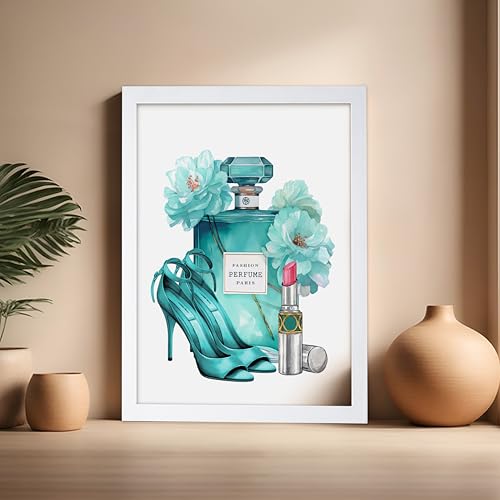 Image of Poster Master Turquoise Blue Designer Print - Fashion Poster - Shoes, Lipstick & Perfume Art - Chic Gift for Women & Fashionista - Glam Decor for Bedroom or Girl's Room - 16x20 White Framed