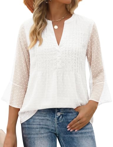AIMCOO Womens Tops Casual 3/4 Sleeve Women's Blouse Shirts for Women Trendy Summer Business Work Plus Size Dressy Ladies Tops Flowy V Neck Chiffon Shirts White X-Large - image 1