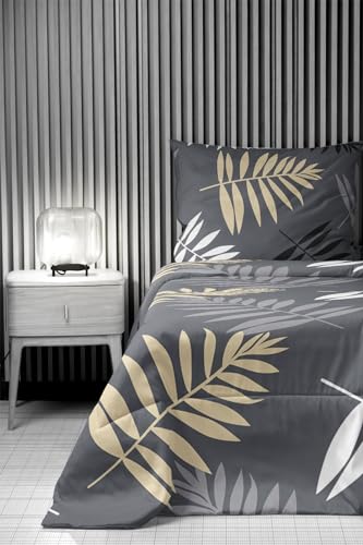 Image of LOOMLYFE 300 TC All Season King Size AC Comforter || Blanket || Duvet for Double Bed with 1 Flat Bedsheet and 2 Large Pillow Covers - 4 Piece Comforter Set - GreyLeaves
