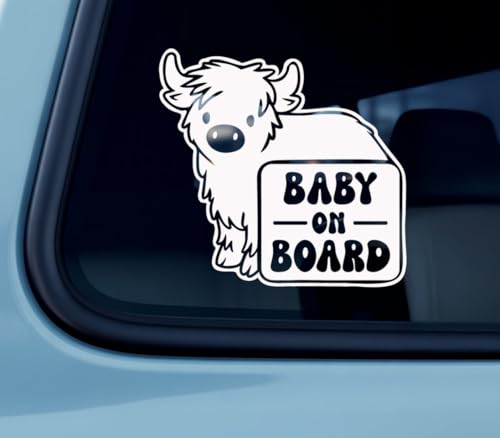 Highland Cow Baby On Board Car Window Decal - Cute Calf Safety Sign Vinyl Sticker - Family Travel Awareness Graphic for Auto Glass - Waterproof Outdoor Durable White Die Cut Design