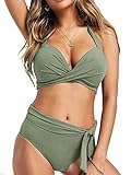 Women's Solid Halter Cross High Waist Bikini Retro Two Piece Swimsuit Army Green