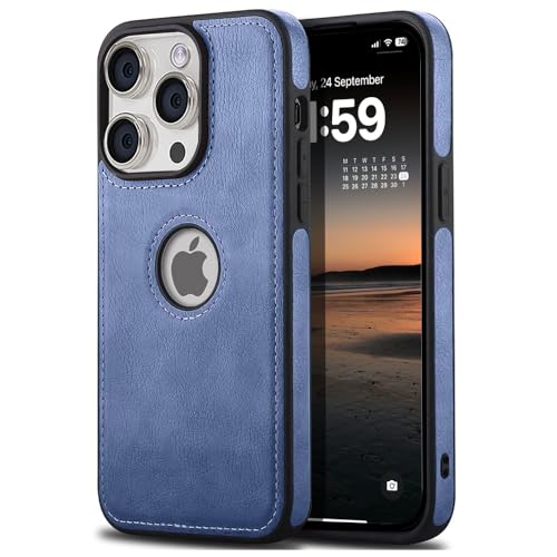 Image of KARWAN️ Genuine Leather Finish iPhone 15 Pro Back Cover Case |Shockproof Design |Raised Edges for Camera & Screen Protection |Super Soft - Touch |Leather Case for iPhone 15 Pro(Blue)