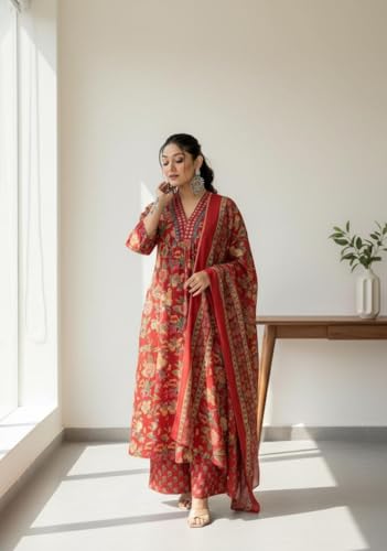 Image of Red Anarkali Rayon Kurti Set for Women | Viscose Kurta Pant Dupatta | Plus Size Ethnic Outfit (S-7XL)