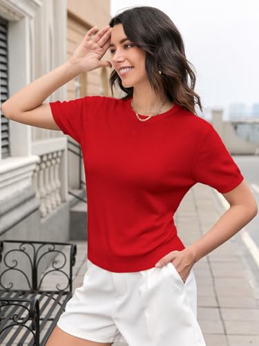 Image of DAIMIDY Womens Short Sleeve Cotton & Modal Sweater Lightweight Casual Crew Neck Knit Pullover Tops,Red, US M