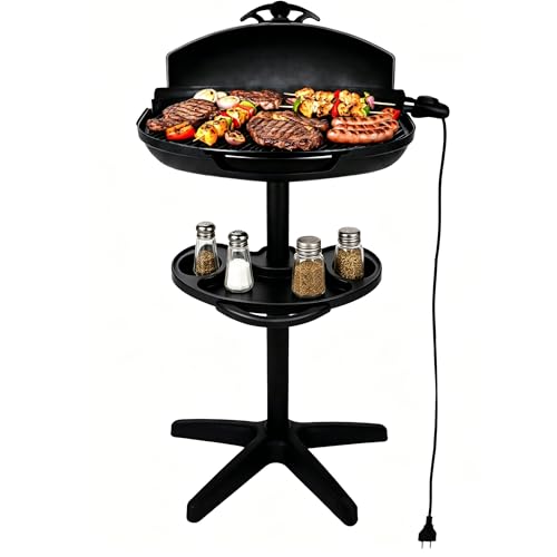 I-Keukenn Portable Electric Grill with Removable Stand, 1500W Indoor & Outdoor BBQ, Non-Stick Baking Pan & Intelligent Temperature Control for Backyard, Balcony, Camping and Party, Gray