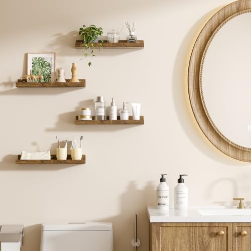 Image of upsimples 4 Pcs 15 inch Acrylic Shelves for Wall Decor and Display, Rustic Wood | Cute Floating Shelf for Perfume, Skincare, Nail Polish, Wall Organizer for Bedroom, Living Room, Playroom, Room Decor