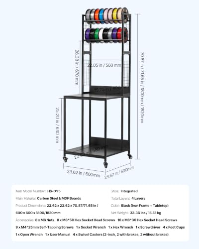 Image of VEVOR 3D Printer Filament Storage Rack, 4-Tier 3D Printer Stand with Filament Storage, Spools Holder Racks Cart with Wheels, Filaments Organzied for 3D Printing Station, Office, Workshop (Shelf Only)