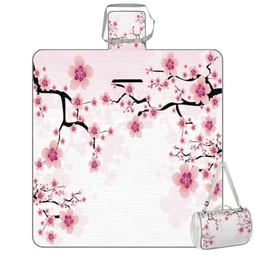 Shimoshe Picnic Blankets 57”x 59”, Flowering Cherry Blossoms Waterproof Sandproof Picnic Mat Lightweight Foldable Beach Blanket for Camping Park Grass Beach Outdoor Blanket