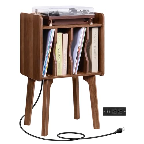 Urban Deco Record Player Stand with Charging Station, Vinyl Record Storage Table with 4 Cabinet for...