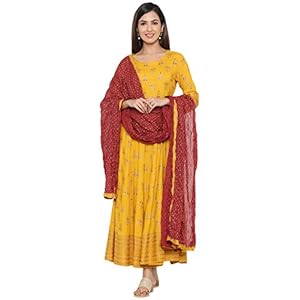 KIPEK Women’s Rayon Round Neck Anarkali Kurta with Dupatta in Mustrad Yellow Color Latest Kurti Designed for Casual…
