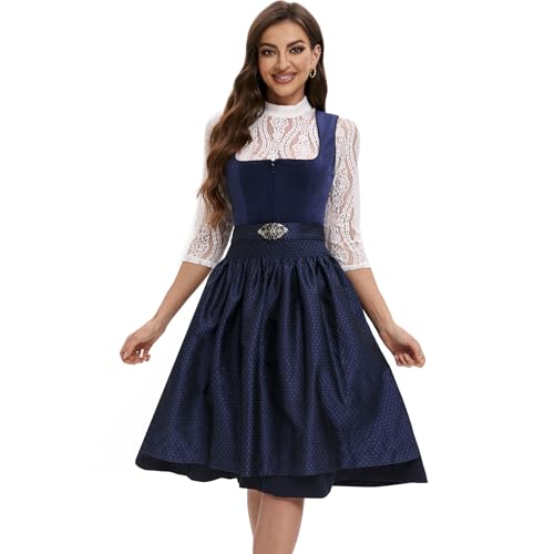 Goxozzy Damen Dirndl Midi Samt Trachtenrock mit Dirndlschürze für Oktoberfest Größen 34-44 Länge 60cm Grün Rot Blau (DE/NL/SE/PL, Numerisch, 40, Regular, Regular, Blau)