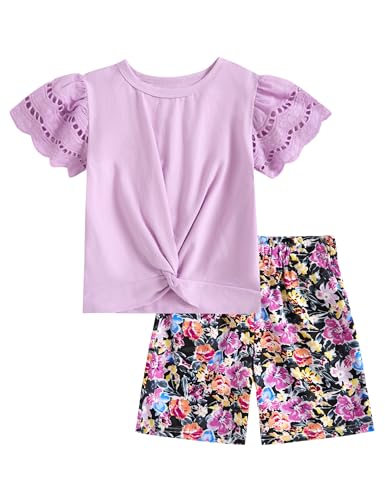 Image of mksodop Girls Clothes 2-Piece Teen Girls clothes Lace Hollow Short-Sleeved Twist T-Shirt And Floral Short Girl Summer Outfits