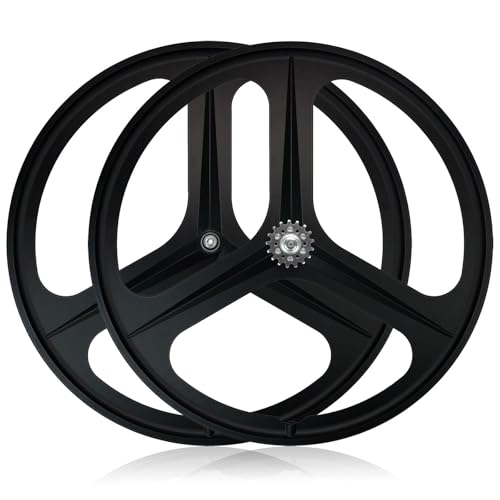 700C Fixed Gear Bike Wheelset 3 Spokes Track Bike Front Rear Wheels Magnesium Alloy V Brake Soild Axle 100/120MM Hubs for Signle Speed(Black,Front+Rear)
