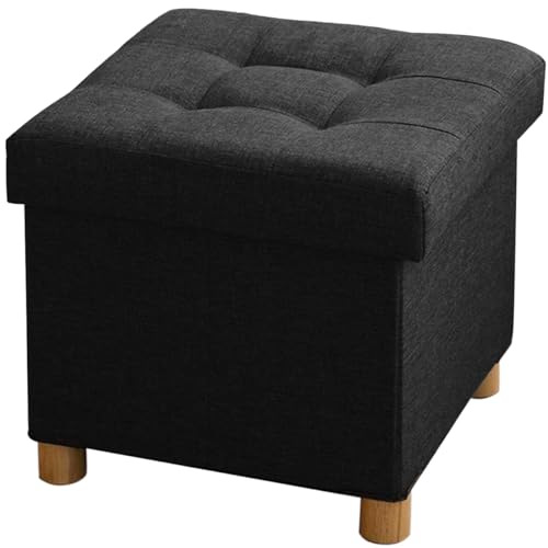 BRIAN & DANY Baúl Plegable Cuadrado Taburete de Almacenamiento Tapizado en Esponja con Patas de Madera Maciza, 38 x 38 x 38 cm, Negro