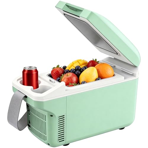 Iceblue Electric Cooler with Type-C 8 Liter /11 Cans Mini Fridge with Belt 9V Type-C Thermoelectric Dual-use Car Refrigerator Car Fridge for Car Dorm Travel Picnic Gift (Green)