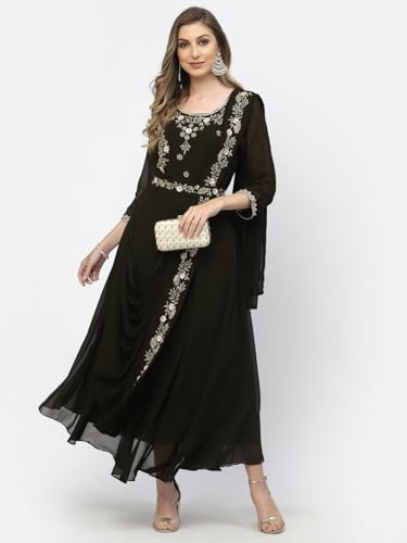 Image of Women's Embroidered Maxi Fit Flared Ethnic Sharee Dress Gown. Bottle Green