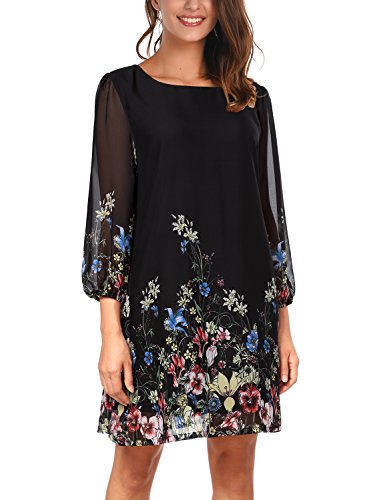 DJT Women's Floral Pattern 3/4 Sleeve Loose Fit Chiffon Tunic Dress X-Large Black Floral