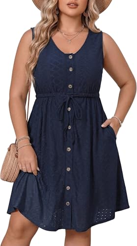Image of Talisea Plus Size Summer Dresses - Casual Beach Eyelet Sleeveless Tank V Neck Button Down Swing Short Sundress Pockets Women