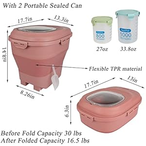Cat Dog Food Storage Container, Dog Cat Pet Bird Chicken Airtight Foldable Feed Rice Storage Container Bins with Sealed Jar and Scoop Store up 15-30lbs, Pink