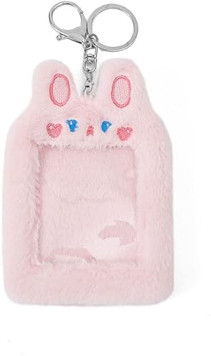 Kawaii Bear Tiger Bunny - Soporte para tarjeta de fotos de felpa Kpop ID de crédito, tarjeta de autobús, funda protectora con colgante de foto (rosa)