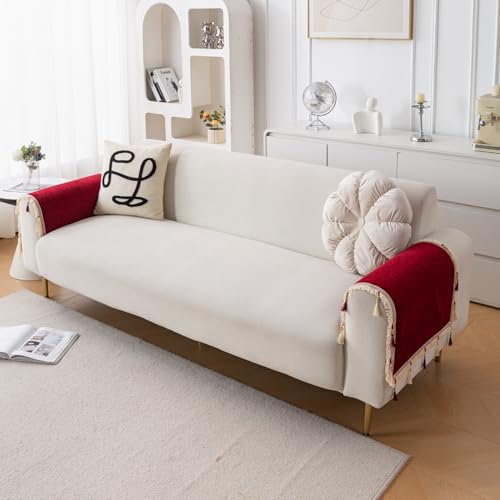 Image of HOKIPO 'Serenity Tassel' Chenille Sofa Arm Cover with Tassels - 1 Pair | Crimson Ruby (IN-893-MRN*2)