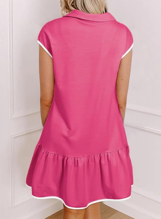 Chvity Women Colorblock Dresses with Pockets Fashion Casual Cap Sleeve Half Zip Mini Dress - Image 4