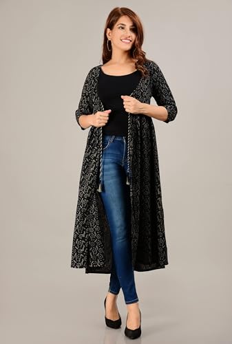 Image of COTLAND Fashions Jaipuri Cotton Abstract Printed Black Shrug /Jacket /Cape for Women (Black & White)