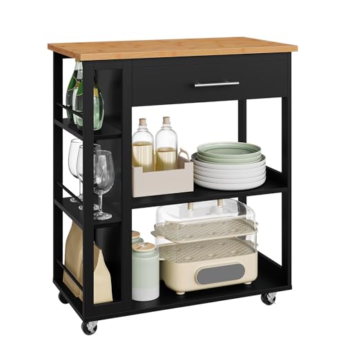 WOLTU Küchenwagen mit Arbeitsplatte, Servierwagen mit Rollen, Rollwagen mit Schublade offenen Ablagen, Küchenrollwagen mit Bremsen, 73x88x38 cm, Bambus Holzoptik + Schwarz