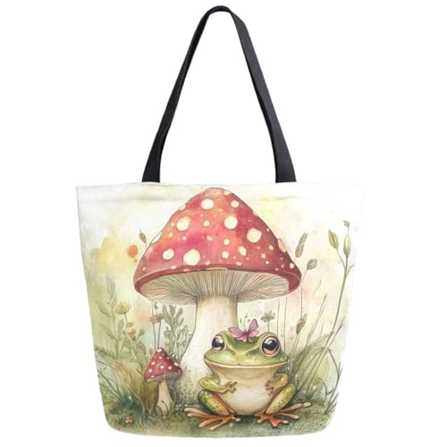 ZzWwR Fashion Extra Large Shoulder Tote Bag, Cute Frog Mushroom Spring Canvas Durable Daily Weekender Handle Bag Ideal for Gym Picnic Yoga Beach Travel Kitchen Market Grocery Shopping