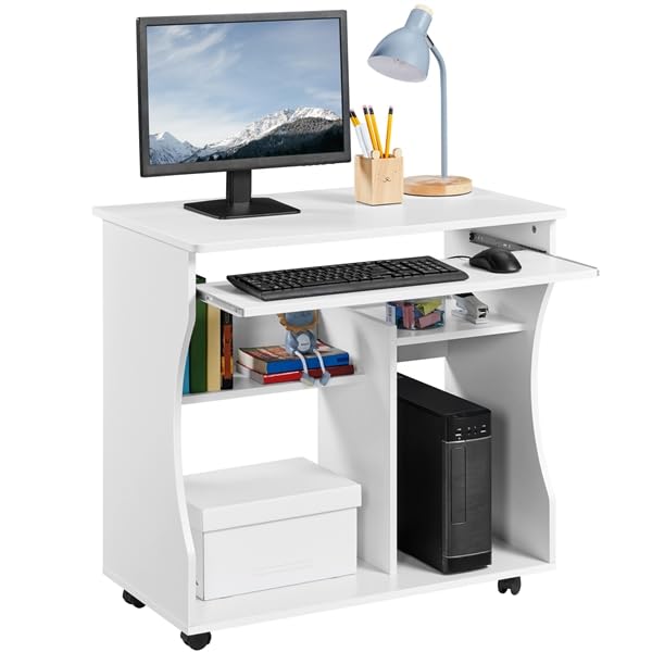 Yaheetech Mesa Escritorio con Ruedas Mesa de Oficina con Bandeja Extraíble 80x48x76 cm Escritorio Ordenador ​con Cajones para PC Impresora Despacho Estudio Blanco