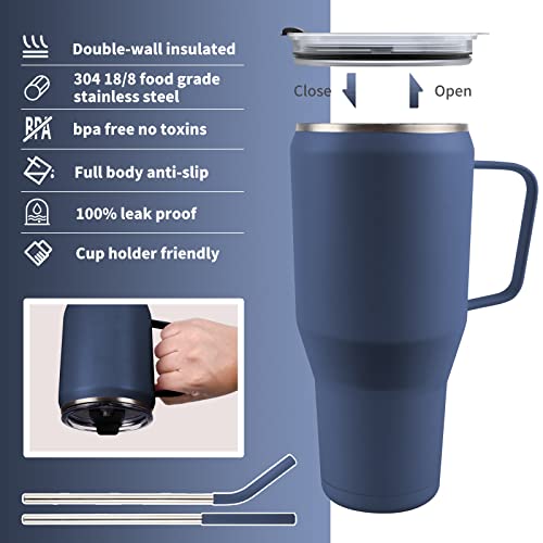 Muchenghy 40 Oz Tumbler With Handle And Straw Lid, Leak Proof Double Vacuum Stainless Steel Tumblers Insulated Travel Coffee Mug With Lids Navy Blue #TOP1