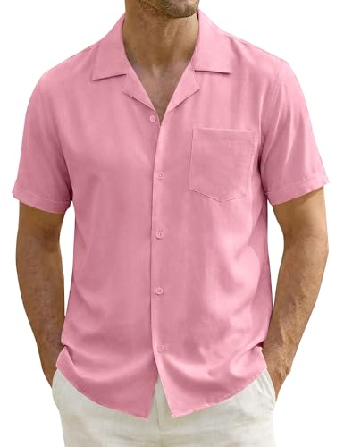 ZEROYAA Mens Regular Fit Short Sleeve Button Down Shirts Wrinkle Free Summer Lightweight Tops with Pocket ZLSC47-Pink X-Large