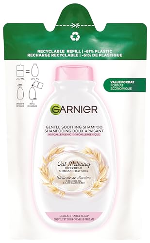 Garnier Wahre Schätze Sanfte Hafermilch Shampoo Refill Multipack, Nachfüllpack mit -60% weniger Plastik, recyclebar, für empfindliches Haar, sensible Kopfhaut, spendet Feuchtigkeit, 1x250ml