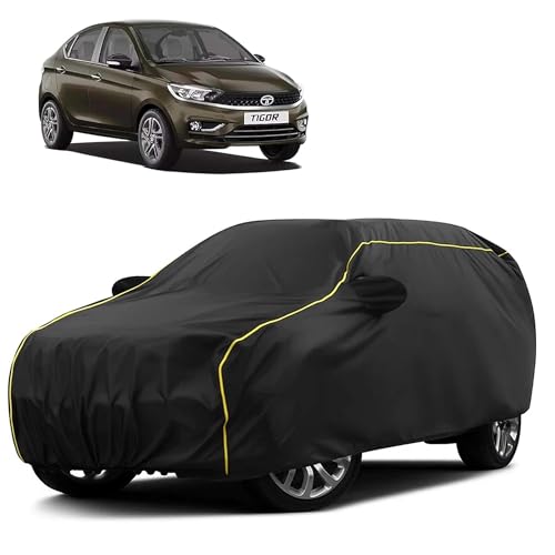 Image of Sulfar 100% Water Resistant Car Body Cover Compatible with Mirror for Tata Tigor (Triple Stitched, Full Bottom Elastic, Black Taffeta with Yellow Piping)