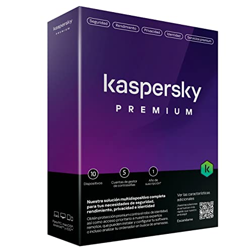 Kaspersky Premium 2023|10 dispositivos|1 año|Caja Mini No CD|Seguridad Avanzada: Anti Phishing y Firewall|VPN ilimitada|Control parental|Soporte 24/7