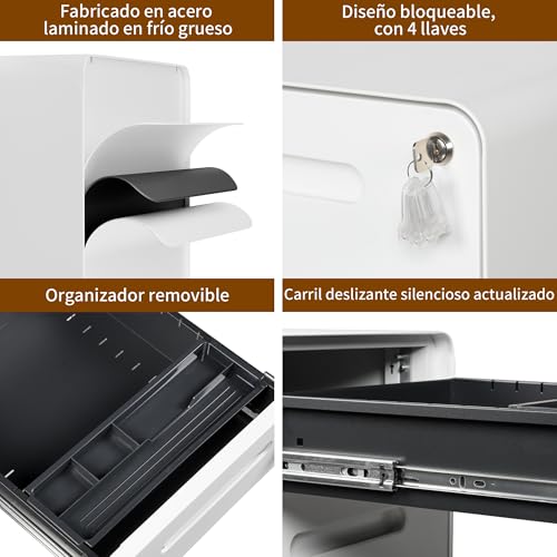 LVSTEEL Cajonera Móvil con 3 Cajones, Archivador de Oficina con Ruedas, Diseño de Esquinas Redondeadas, Completamente Ensamblado, con Cerradura y 4 Llaves, Blanco - imagen 4