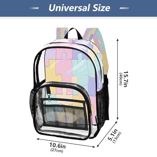 Pastel Colored Puzzle Pattern Clear Backpack - Stadium Approved Large 15.7-inch Waterproof Transparent Bag for Sports, Concerts, Work, Travel#3704